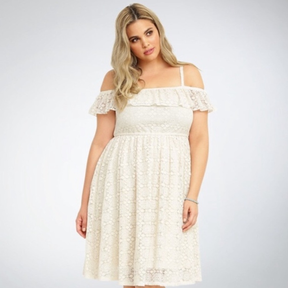 Torrid cream off shoulder crochet dress